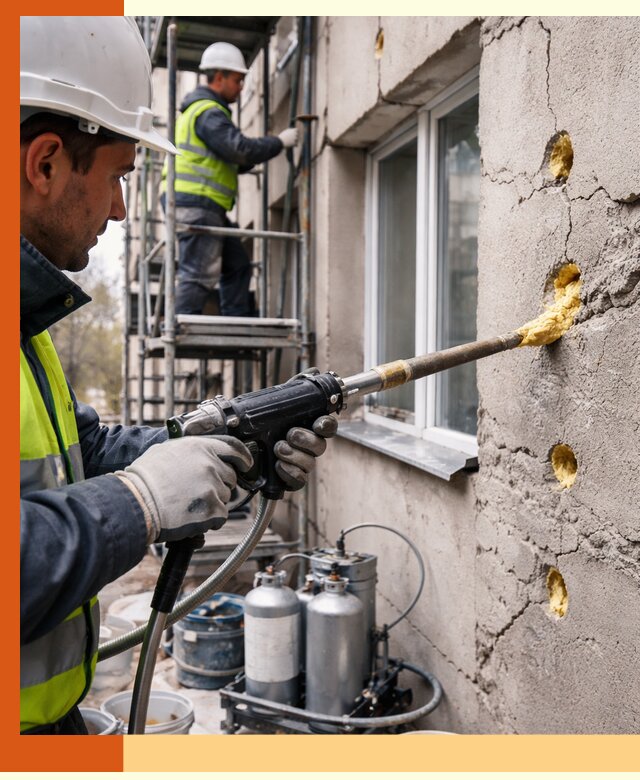 Заполнение пустот в фасаде и утепление стен в Александрове